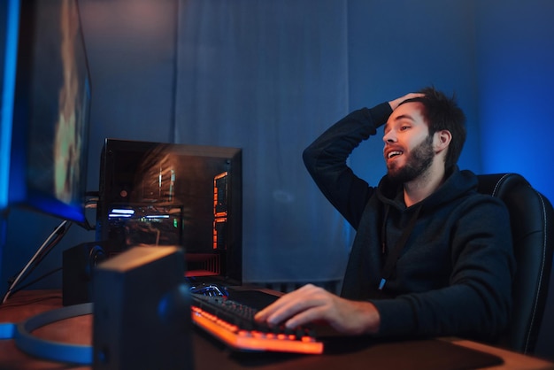 Pro gamer feels happy with winning the video computer game