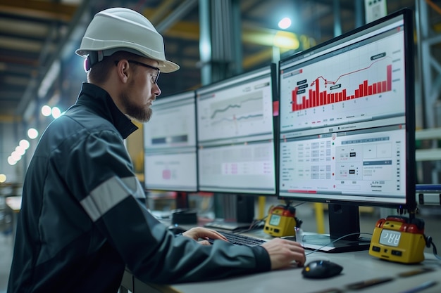 Proactive Maintenance Oversight Engineer Analyzing Predictive Analytics on AI Dashboard