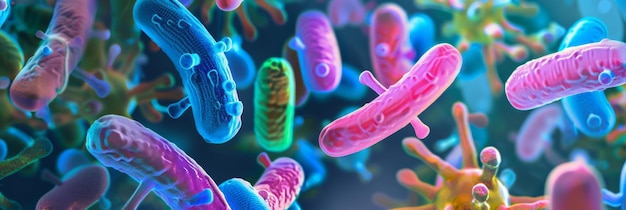 Probiotics bacteria under microscope abstract colorful background Closeup of biological medicine