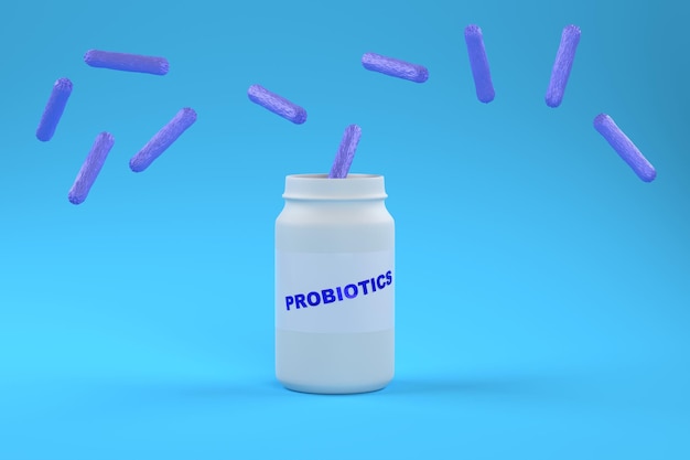 Probiotics concept Useful microflora for humans A jar with the inscription probiotic and beneficial bacteria on a blue background 3D render