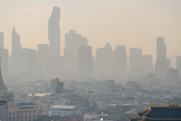 Problem air pollution at hazardous levels with PM 2.5 dust, smog or haze, low visibility in Bangkok city ,Thailand
