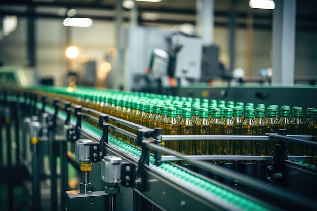 Process of beverage manufacturing on a conveyor belt at a factory