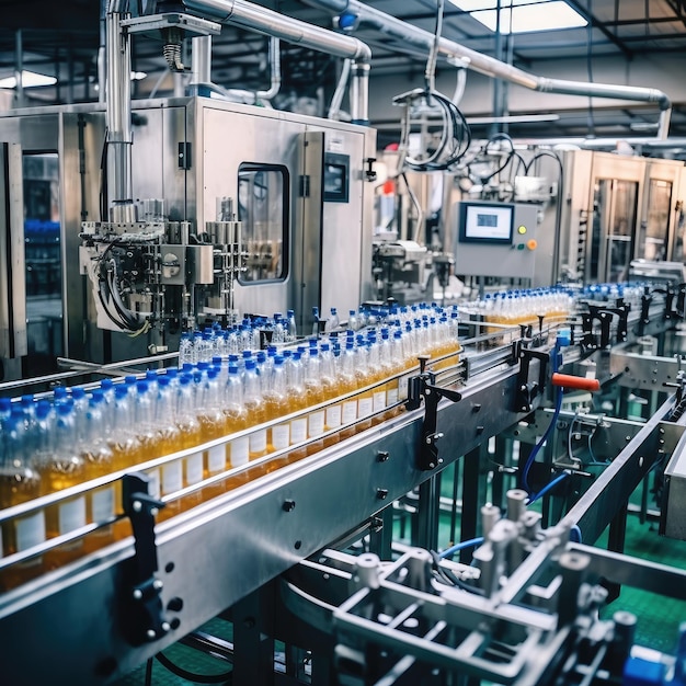 Process of beverage manufacturing on a conveyor belt at a factory