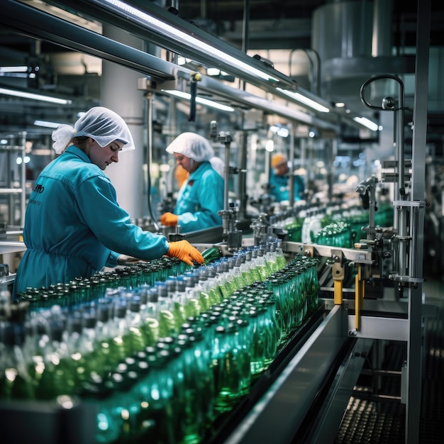 Process of beverage manufacturing on a conveyor belt at a factory