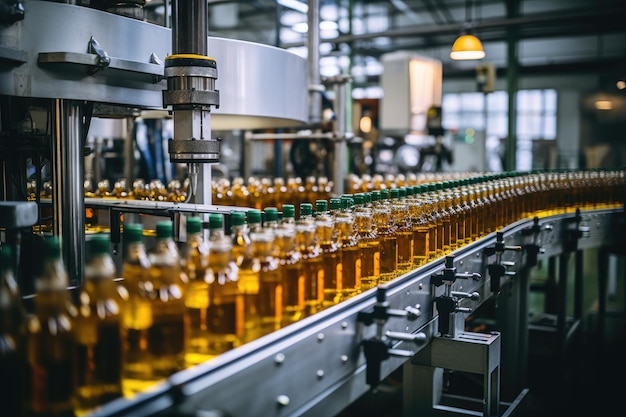 Process of beverage manufacturing on a conveyor belt at a factory