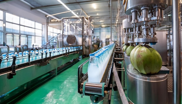 Photo the process of bottling fresh coconut water in a factory