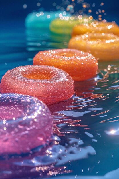 Photo the process of colorful jelly rings dissolving into a rainbow puddle