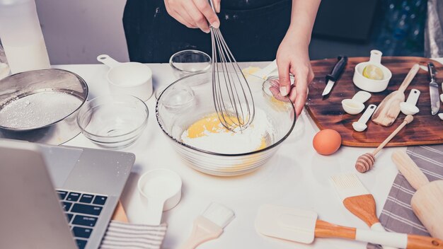 Process of cookery homemade sweet dessert. Stay home and social distancing concept. Stay home and practice for cooking Japanese pancake style.