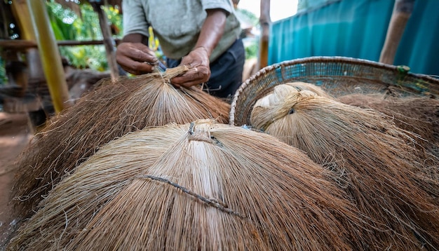 Photo the process of extracting and processing coconut fiber used in making ropes and mats