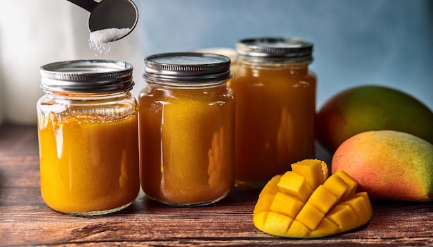 the process of making artisanal mango jam with ripe mangoes sugar and jars being filled