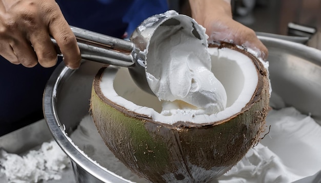 Photo the process of making coconut ice cream in a dessert parlor highlighting the fresh ingredients