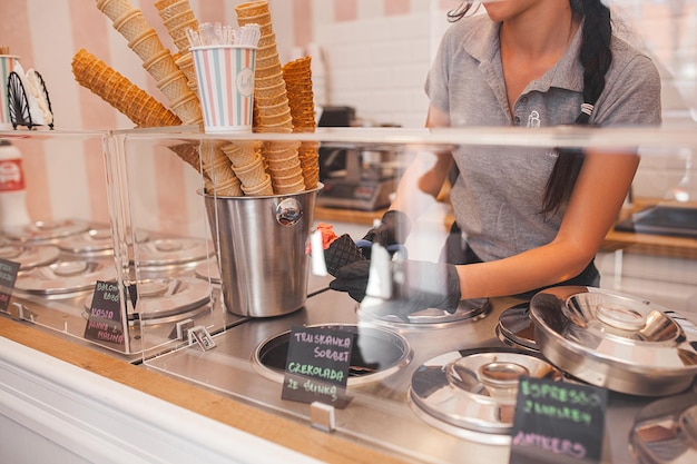 Process of making ice cream Professional ice cream dessert making in cafeteria Ice cream equipment