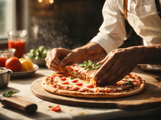 The process of making pizza Closeup of chef baker in white uniform making pizza