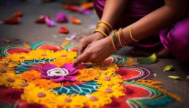 the process of making rangoli designs focusing on the hands and colors Gudi Padwa