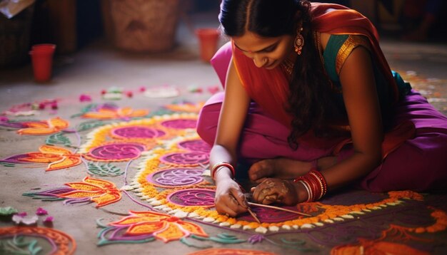 the process of making rangoli designs focusing on the hands and colors Gudi Padwa