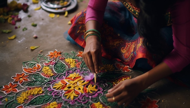 the process of making rangoli designs focusing on the hands and colors Gudi Padwa