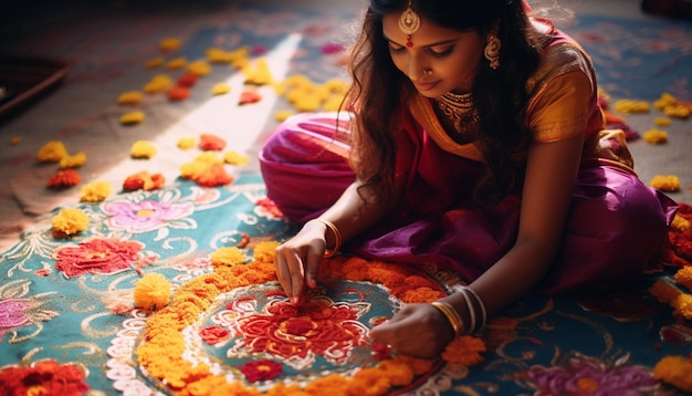 the process of making rangoli designs focusing on the hands and colors Gudi Padwa