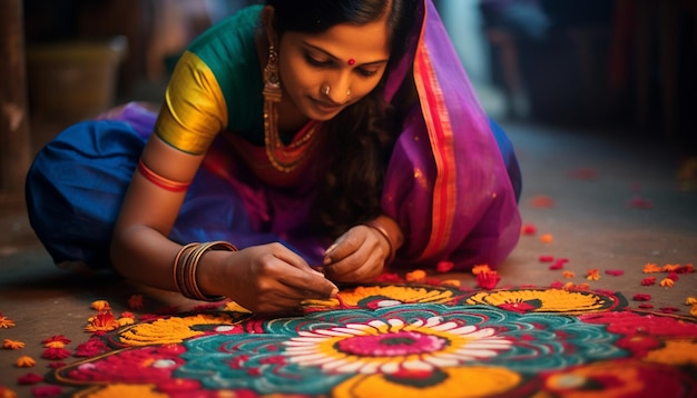 the process of making rangoli designs focusing on the hands and colors Gudi Padwa