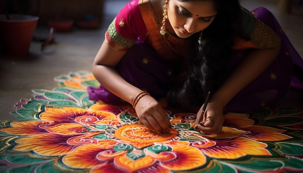 the process of making rangoli designs focusing on the hands and colors Gudi Padwa