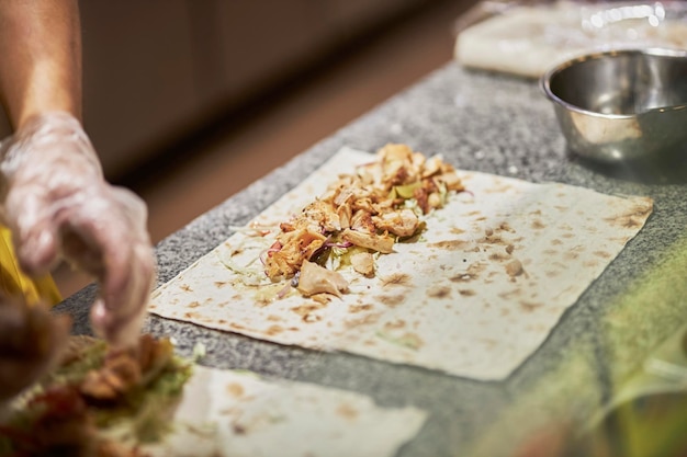 The process of making shawarma.  closeup