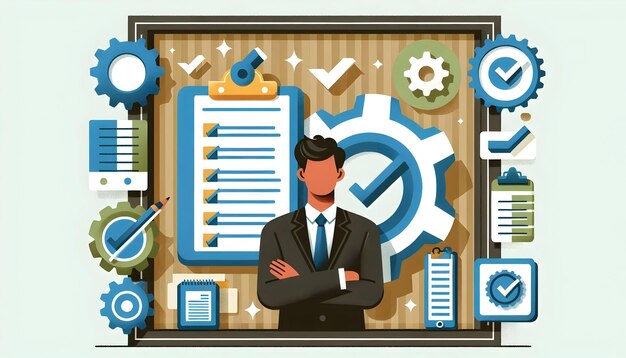 Photo process management border frame with checklist and gear simple flat vector illustration for smart