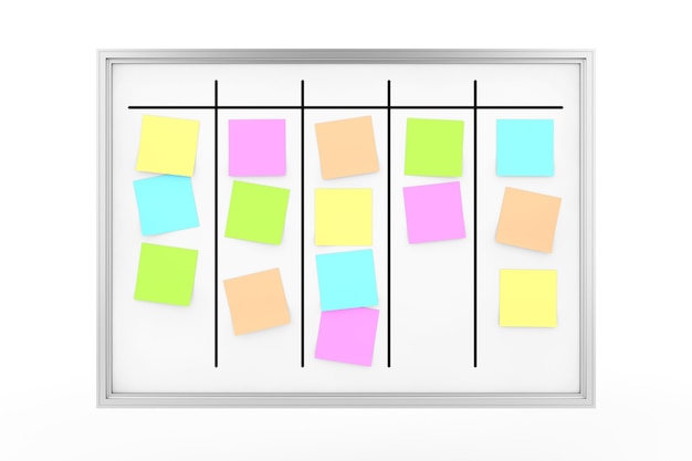 Photo process planning office magnetic whiteboard with color sticky memo notes on a white background. 3d rendering