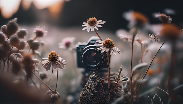 Process of taking photo of flowers field with blurred background and copy space for text