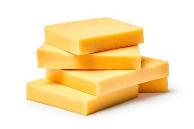 Processed cheese sliced into squares on white background with path