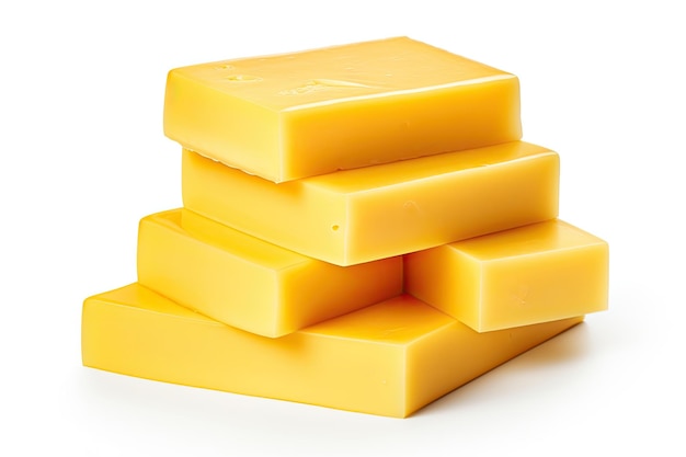 Processed cheese sliced into squares on white background with path