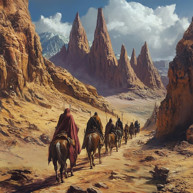 A procession of explorers clearing their path through the desert