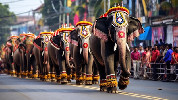 A procession of gracefully decorated elephants adorned with colorful ornaments capturing the essenc