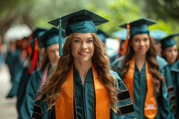 Procession of graduates walking outdoors in their caps and gowns