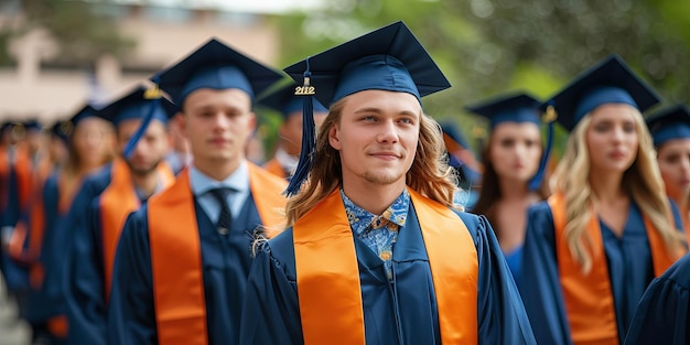 Procession of graduates walking outdoors in their caps and gowns