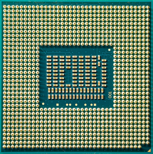 Processor chip detail with clearly visible construction and functional details of the chip