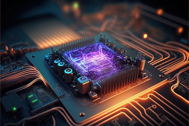 Processor on computer circuit board with microchips generative AI