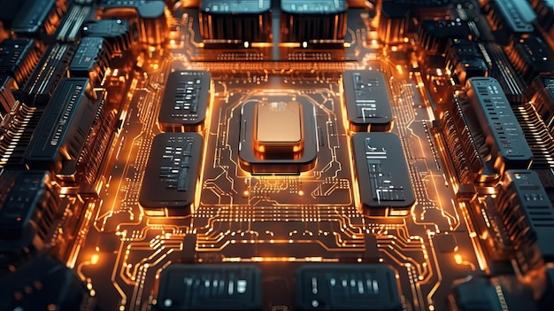 Processor socket in neon light Motherboard with microchipsMicrochip and motherboard closeup Cyber