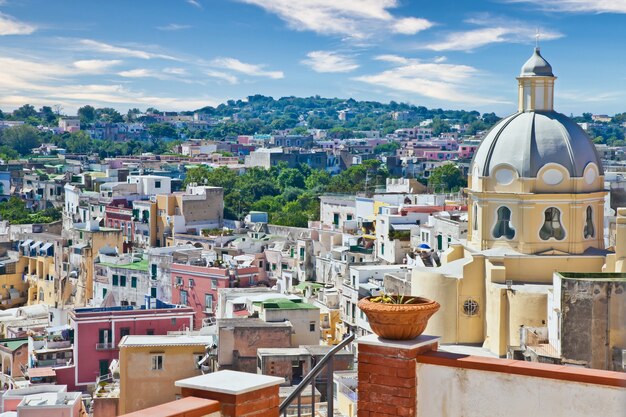 PROCIDA, ITALY - CIRCA AUGUST 2020: panoramic view of the mediterranean Italian island close to Naples in a summer day.