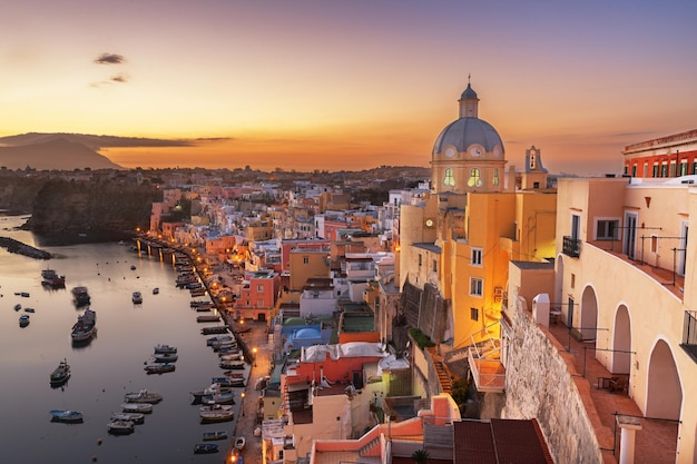 Procida Italy old town skyline in the Mediterranean Sea