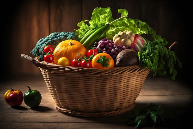 Produce in the basket fresh produce against a wooden background