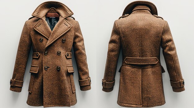 Photo produce a mockup front and back view of a brown coat isolated on a white background