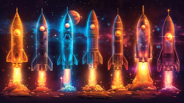 Produce a neon set of space exploration symbols including shimmering