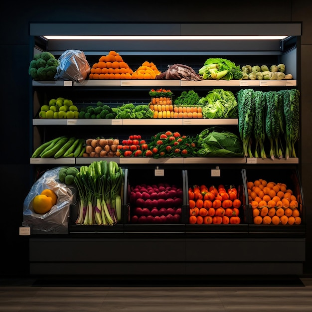 The produce section of a modern supermarket boasts an array of vibrantly colored fruits and vegetables neatly arranged on shelves showcasing their freshness and quality Generative Ai