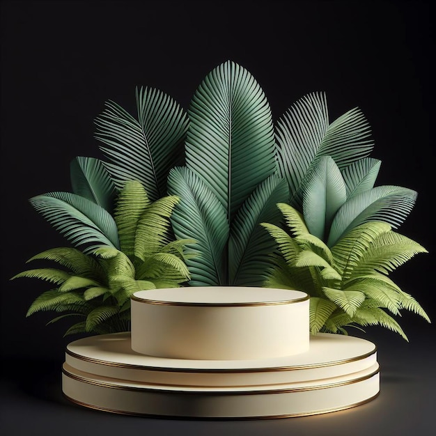 product 3d podium with green tropical palm leaves