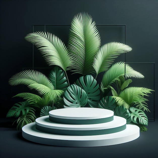 product 3d podium with green tropical palm leaves