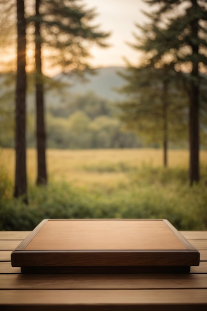 Product advertising stand wooden podium on forest background