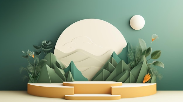 Product banner podium platform with geometric shapes and nature background