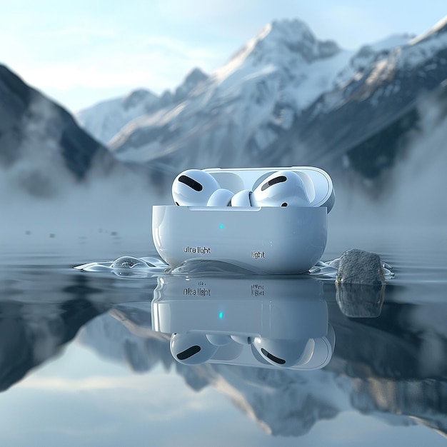 Product beauty shot unique design of the AirPods Pro placed on water with mist and mountains in ba