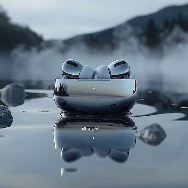 Product beauty shot unique design of the AirPods Pro placed on water with mist and mountains in ba