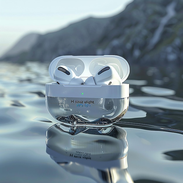 Product beauty shot unique design of the AirPods Pro placed on water with mist and mountains in ba