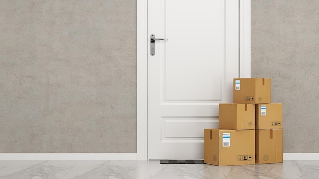 Product delivery of contactless boxes at the door. Shipping box at the door of the house, apartment